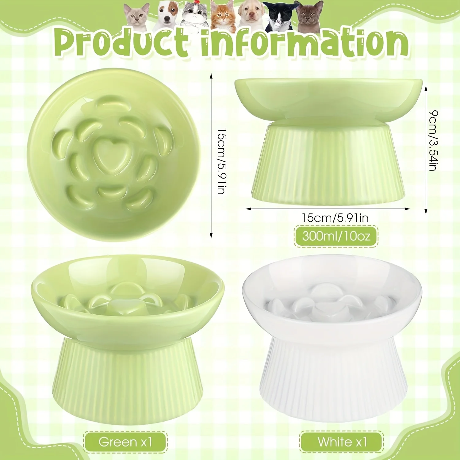 2pcs Ceramic Elevated Slow Feeder Cat Bowls - Heart-Shaped Design, Raised Food & Water Dishes for Cats & Small Dogs, Dishwasher Safe, White & Green Pet Bowls with High Edges to Prevent Spillage, Nontoxic Material, Multipet Households